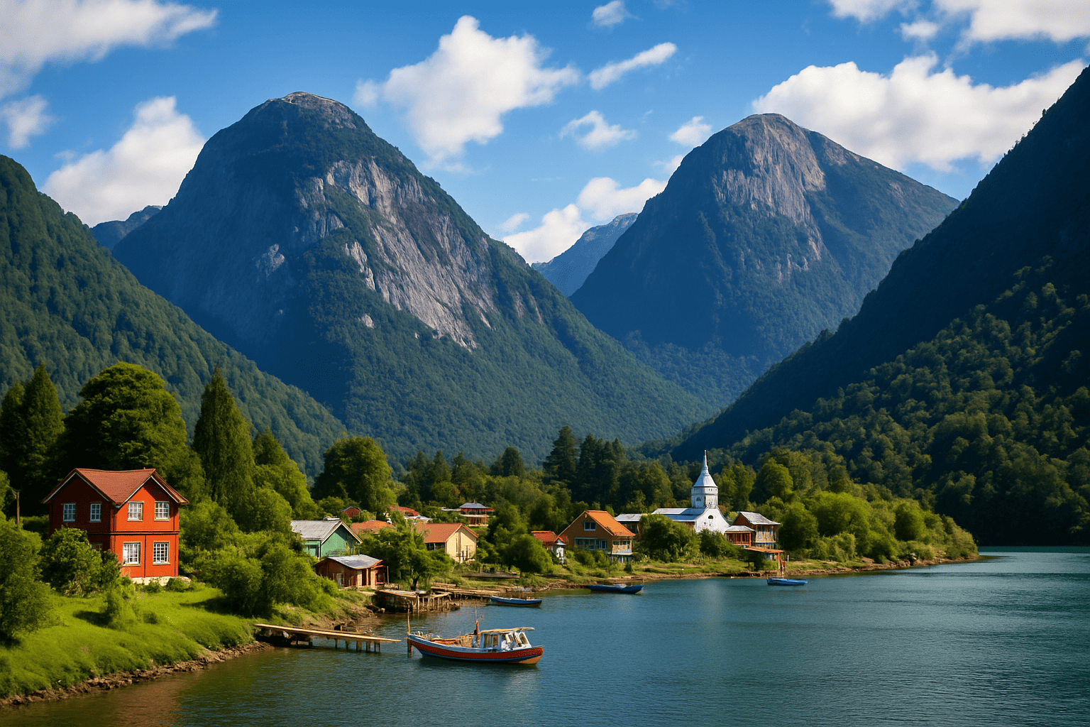 Fotografía realista del valle de Cochamó en la Región de Los Lagos, mostrando montañas verdes, cielo azul y río cristalino. Ideal para senderismo y turismo de naturaleza en el sur de Chile.